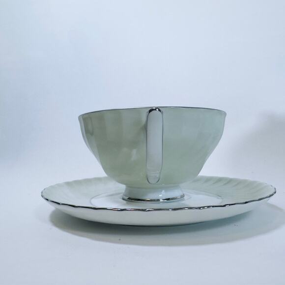 Royal Tettau South Wind Grey Green 4 Cups & Saucers Set Border Swirled w/ Trim - Picture 6 of 16